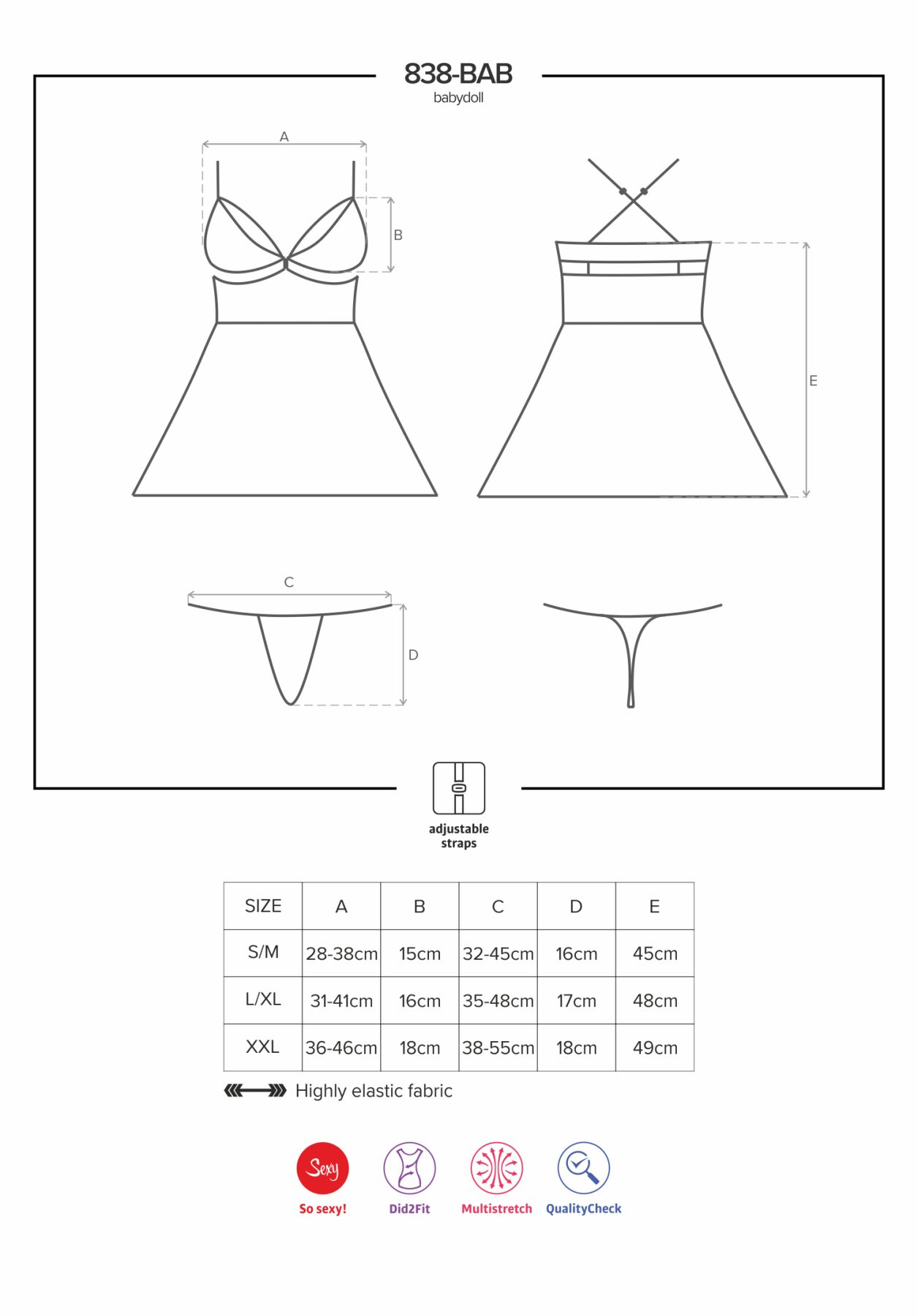 Эротический кружевной комплект с сеточкой Obsessive 838-BAB-1 babydoll & thong black S/M, черный, пе