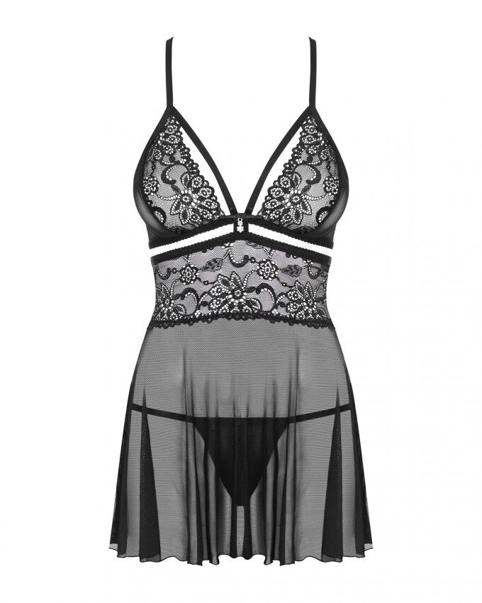 Эротический кружевной комплект с сеточкой Obsessive 838-BAB-1 babydoll & thong black XXL, черный, пе