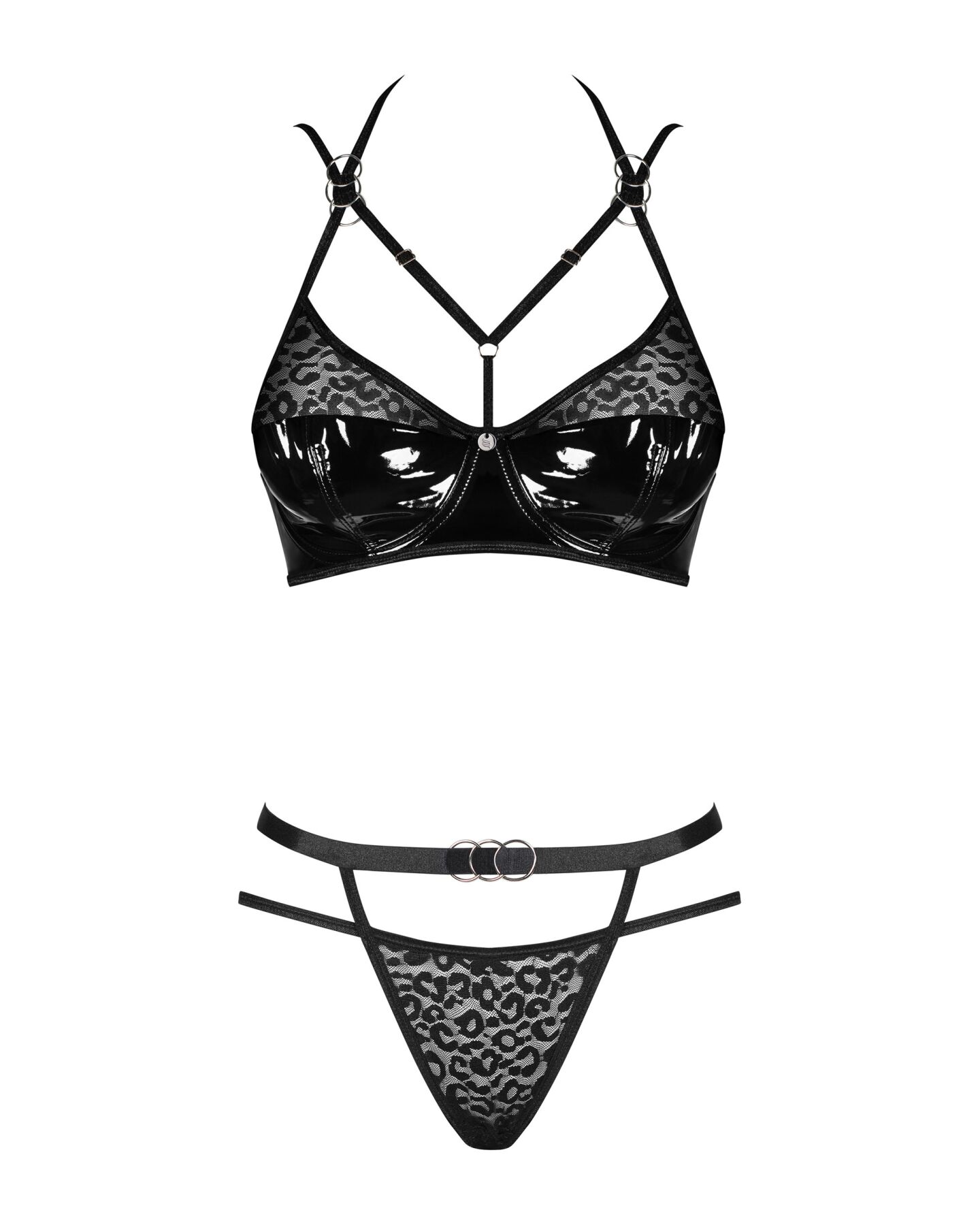 Эротический комплект под латекс со стрепами Obsessive Bagirela 2-pcs set L/XL, черный, под леопард,