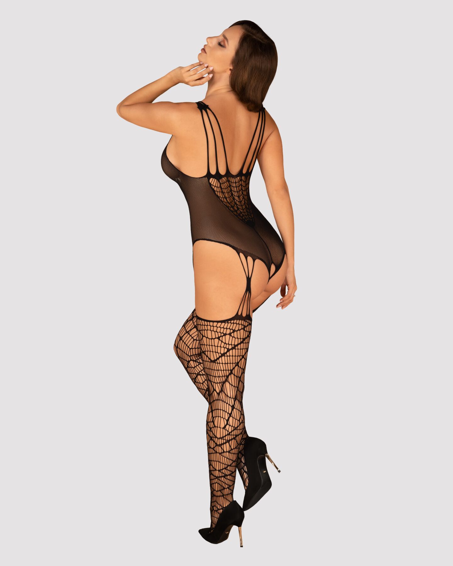 Ажурный бодистокинг под паутину Obsessive Bodystocking G325 black S/M/L, черный, комбинезон, имитаци