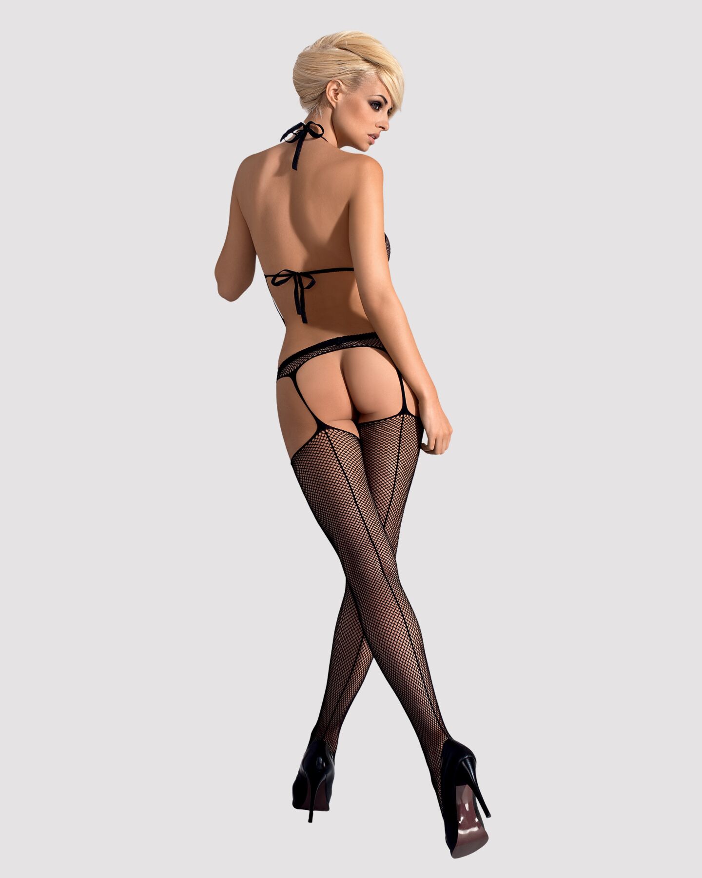 Сетчатый бодистокинг с имитацией топа, пояса и чулок Obsessive Bodystocking N108 S/M/L, черный, комб