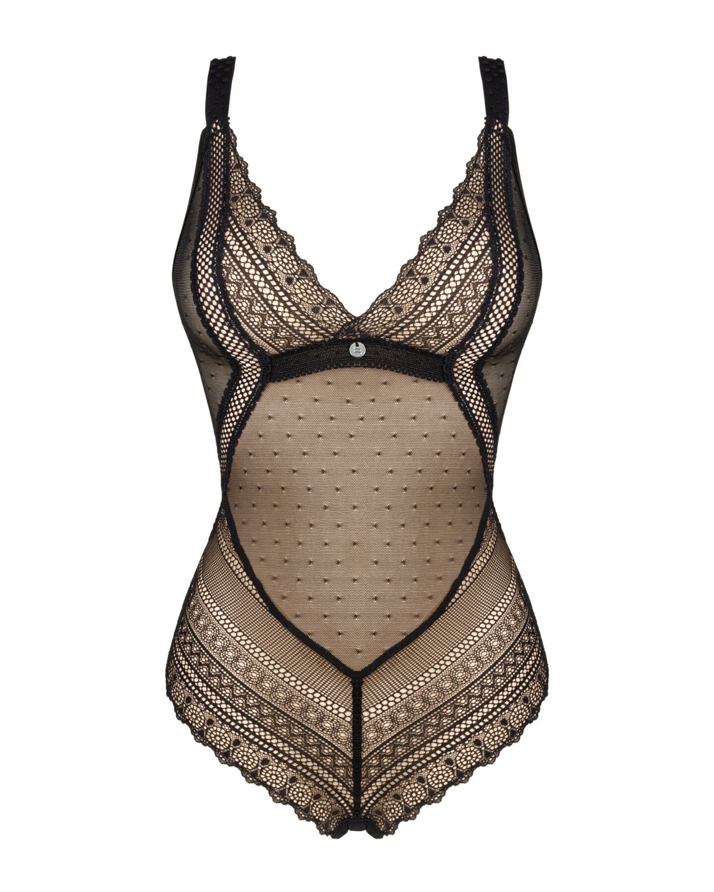 Кружевное боди с декольте Obsessive Estiqua teddy M/L, черное, широкие лямки