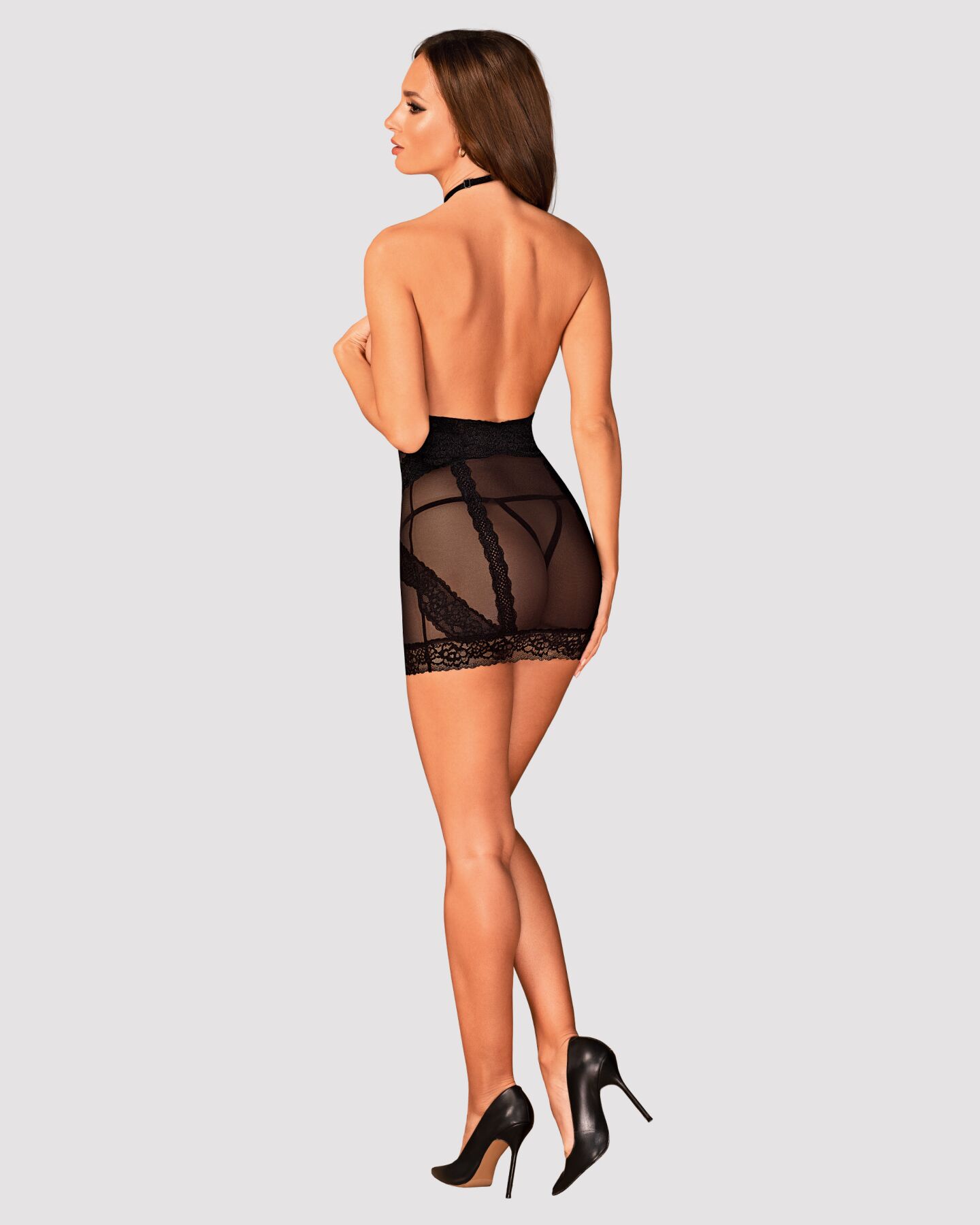 Полупрозрачная сорочка с открытой грудью Obsessive Lacrisia chemise XS/S, черная, с чокером