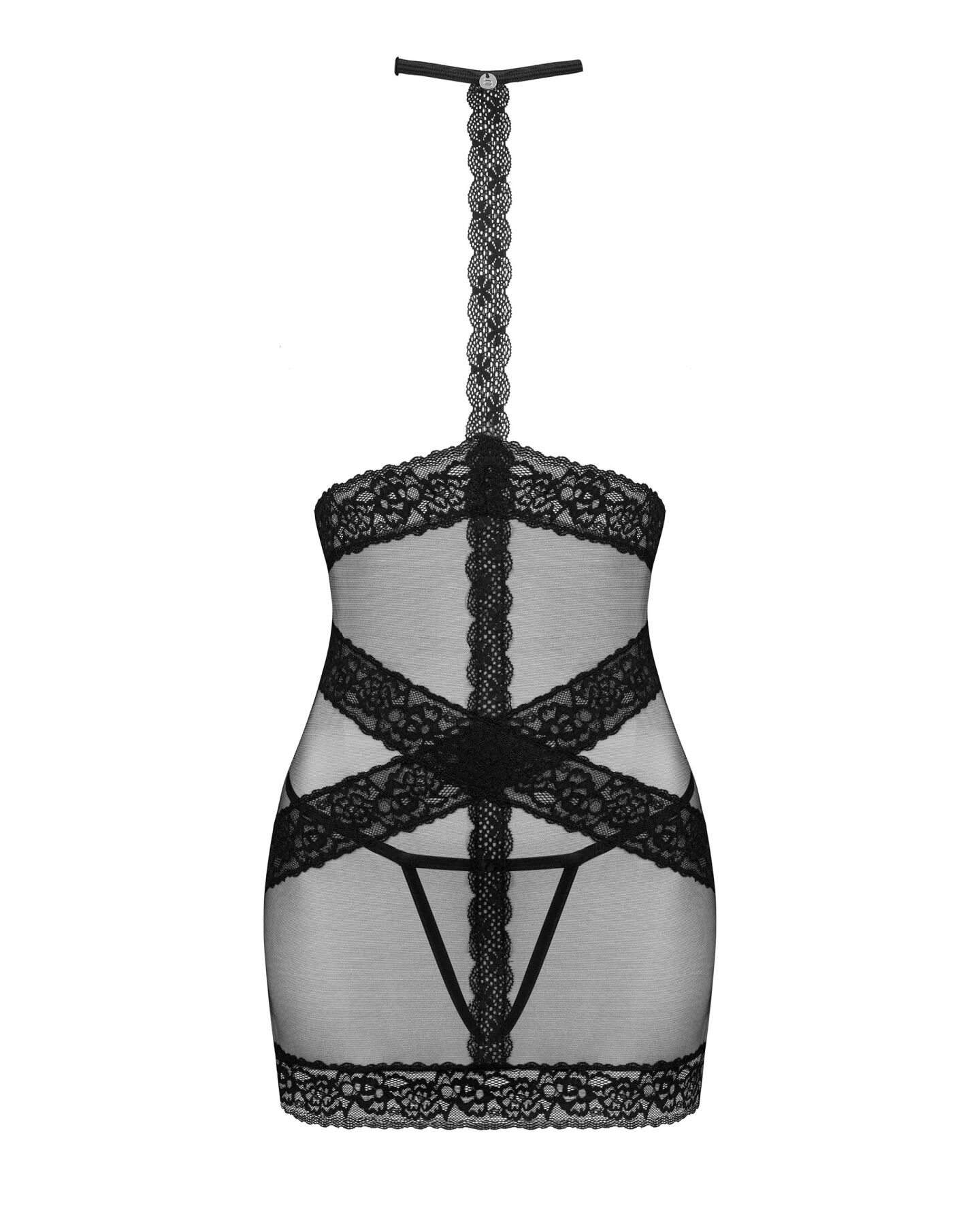 Полупрозрачная сорочка с открытой грудью Obsessive Lacrisia chemise M/L, черная, с чокером