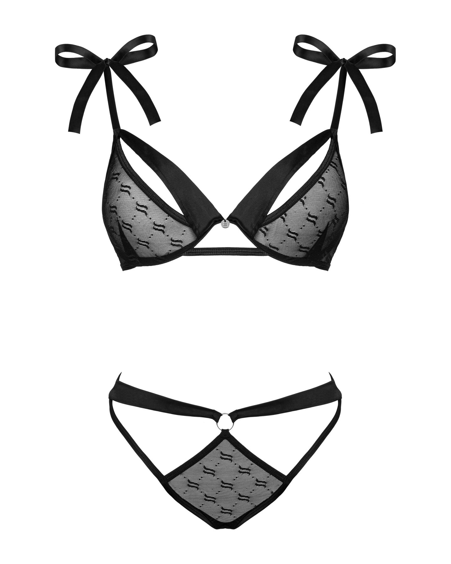 Полупрозрачный эротический комплект Obsessive Obsessivia 2pcs set black S/M, бюстгальтер и трусики,