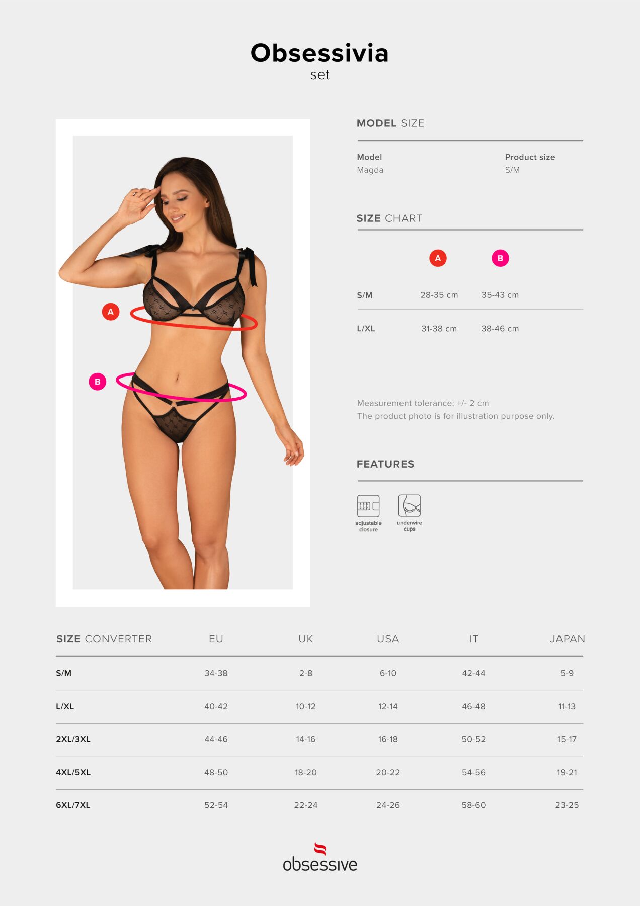 Полупрозрачный эротический комплект Obsessive Obsessivia 2pcs set black S/M, бюстгальтер и трусики,
