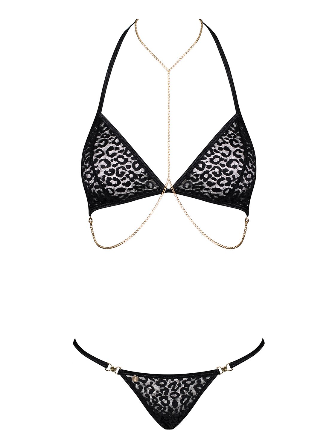 Комплект с цепочками Obsessive Pantheria 2-pcs set black L/XL, бюстгальтер, трусики