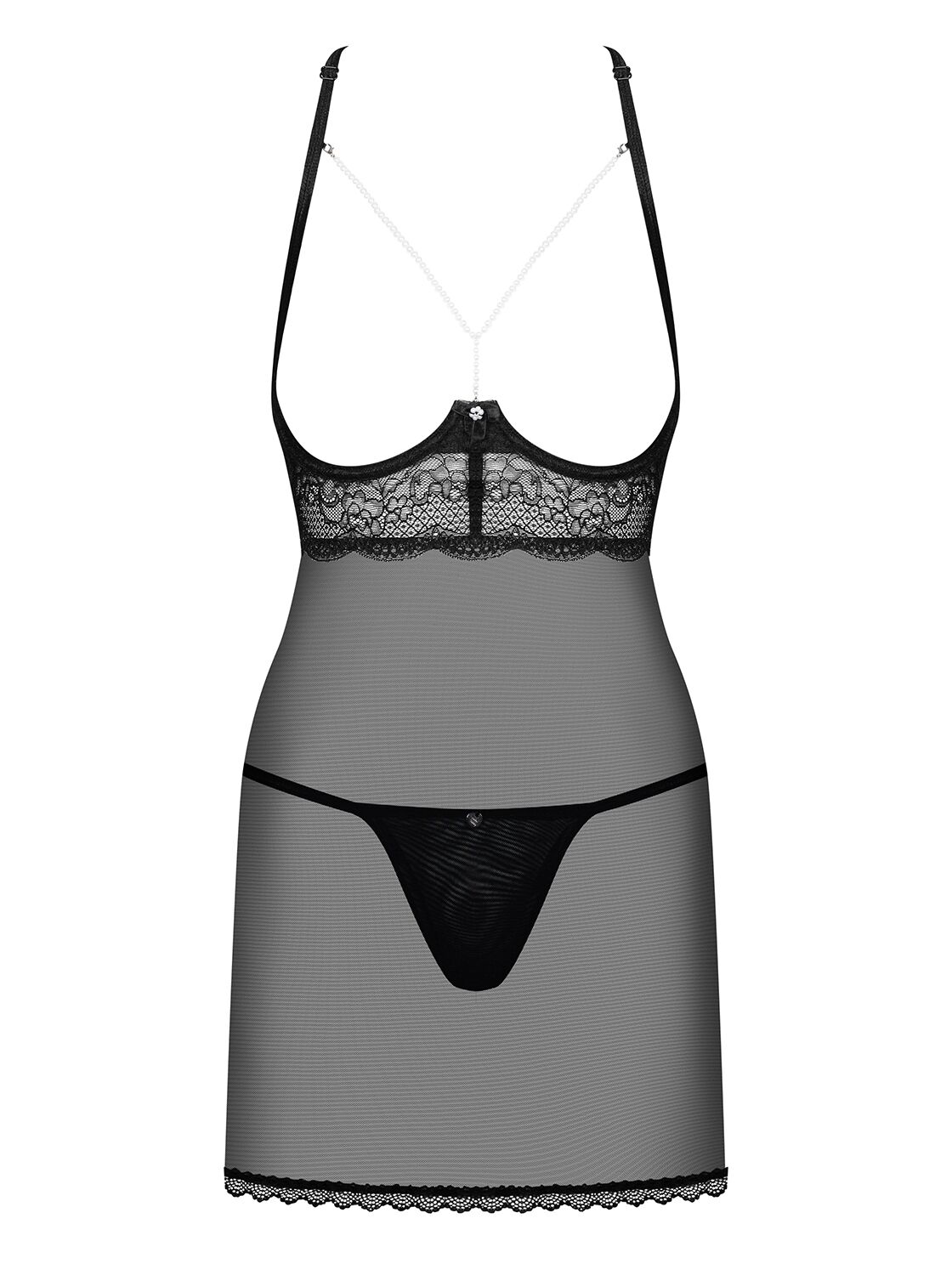 Прозрачная сорочка с открытой грудью Obsessive Pearlove chemise & thong black S/M, трусики