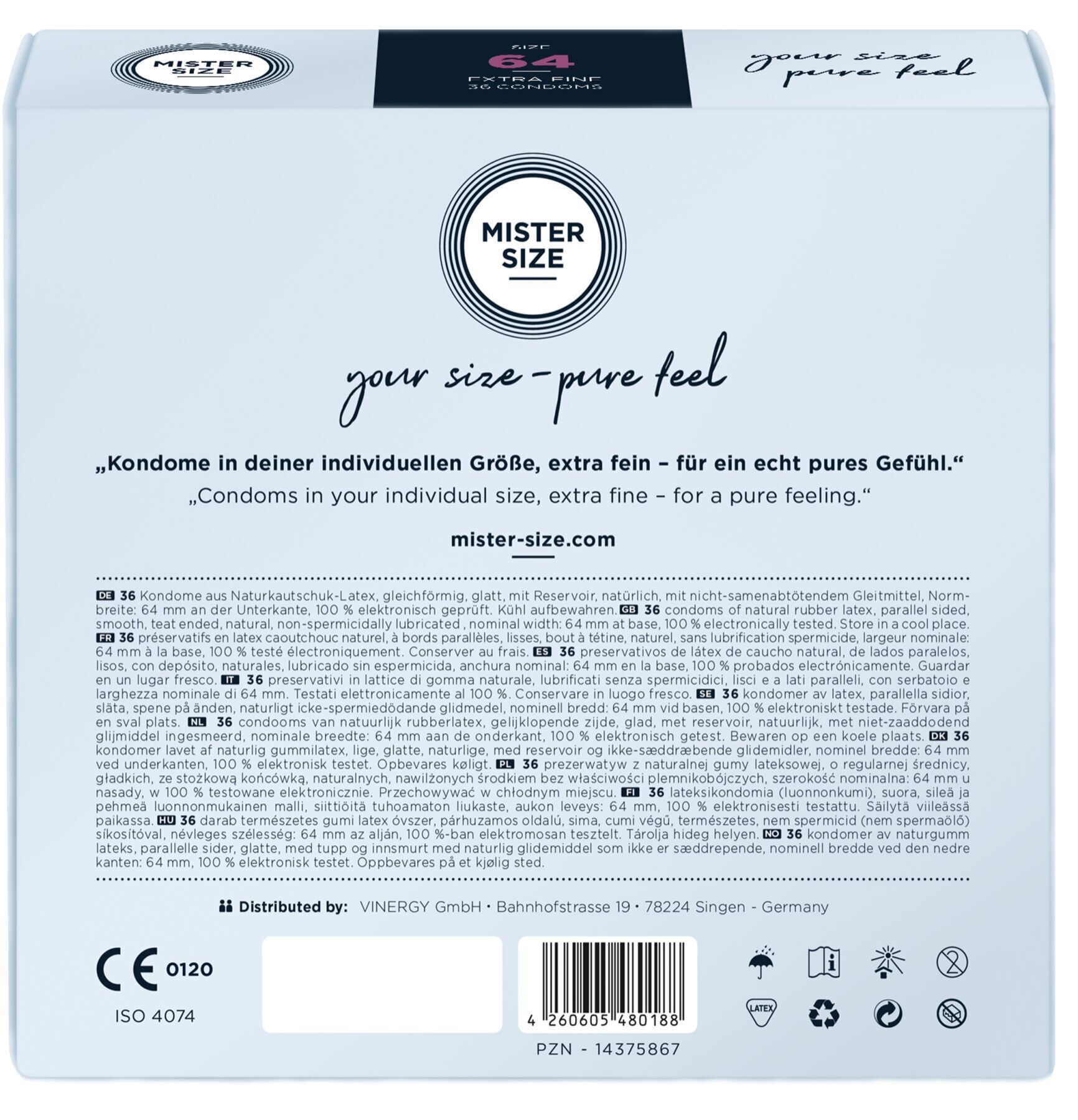 Презервативы Mister Size - pure feel - 64 (36 condoms), толщина 0,05 мм